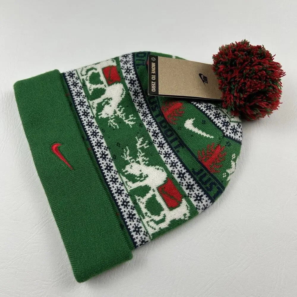 Nike Christmas Pom Beanie Hat Green Reindeer Just Do It Cuffed One Size NWT